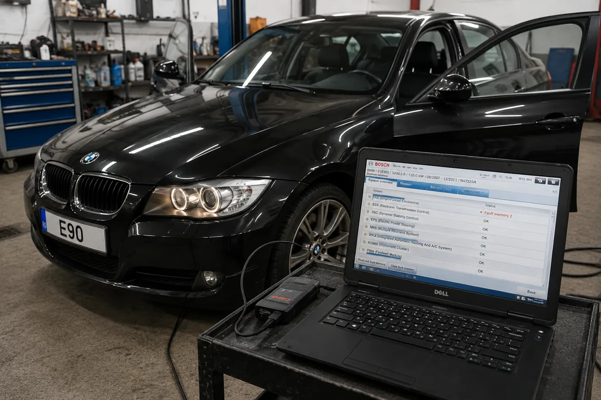 Diagnoză auto BMW E90 cu laptop profesional în atelier — procesul de resoftare ECU